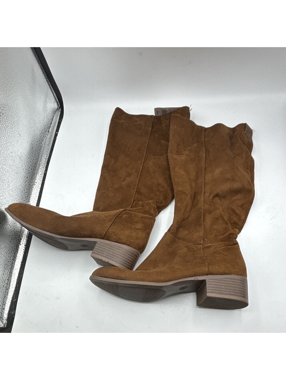 Brown Suede Slouch Knee High Pull On Block Heel Boots Women's Size 6 Round Toe